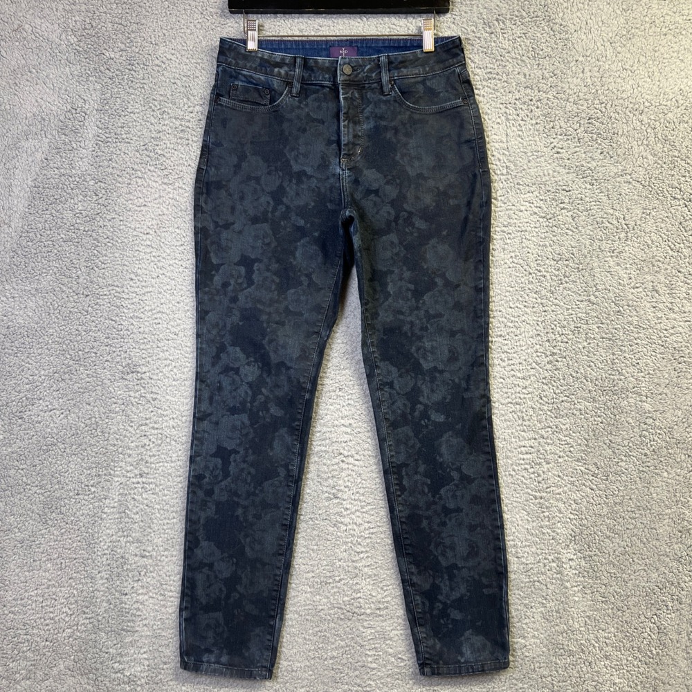 NYDJ Jeans Women 8 Dark Indigo Denim Floral Damask Printed Slim Leg Feminine